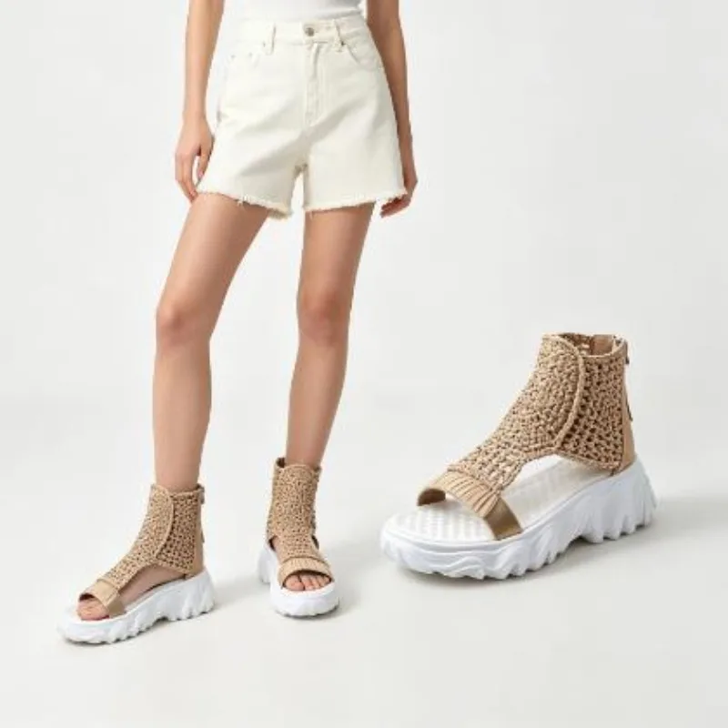 

2026 Hot Seller New Gold Knitted Sandals for Women Braided Elastic Summer Shoes Mesh Flat Bottom Hollow Out Female Sandals