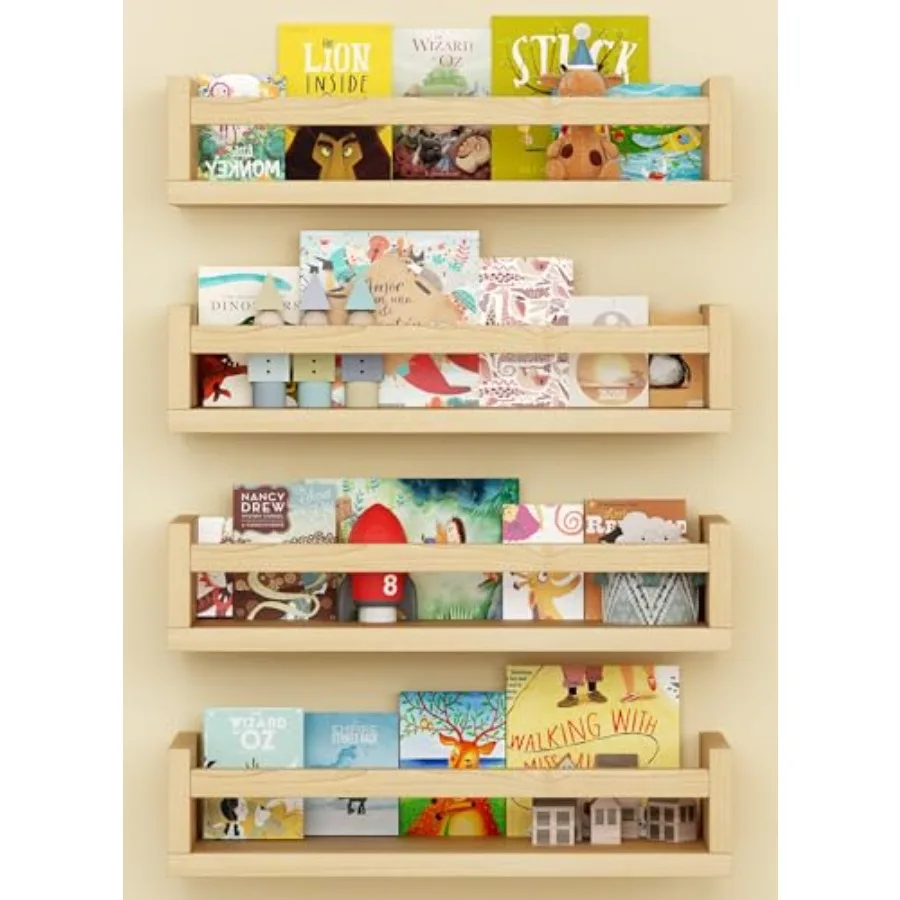 

Onlysky Set of 4 Wall-Mounted Kid's Bookshelf - Wood Floating Nursery Book Shelves - Durable Wood Construction - Ideal for Nurs