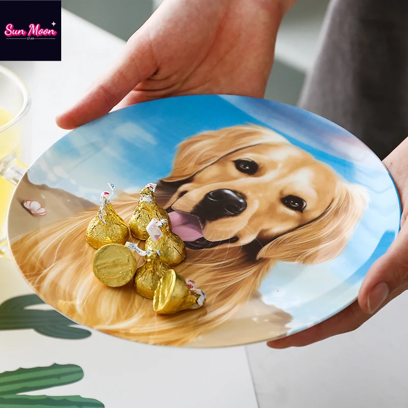 Pastoral Cute Golden Retriever Decorative Plate Home Bone Porcelain Plate Creative Western Food Plate Circular DishTableware