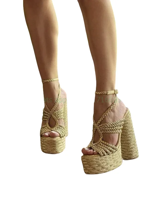 Sexy Style Ankle Strap Round Toe Platform Summer Women Woven Sandals Chunky High Heels Buckle Strap Design Large Size Shoes