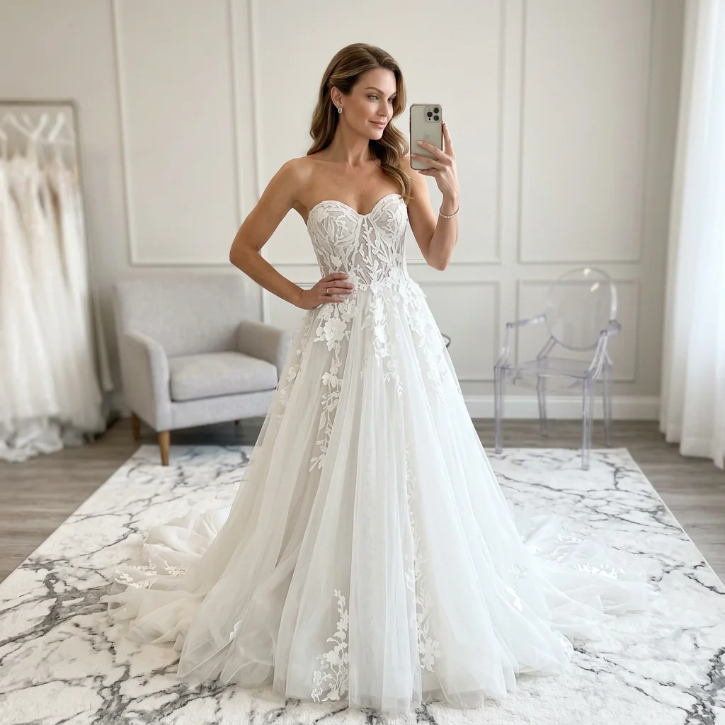 

Strapless Sweetheart A Line Wedding Dress 3D Floral Lace Appliques Flowy Tulle Sweep Train Boho Bridal Gown Custom Ivory Vestido