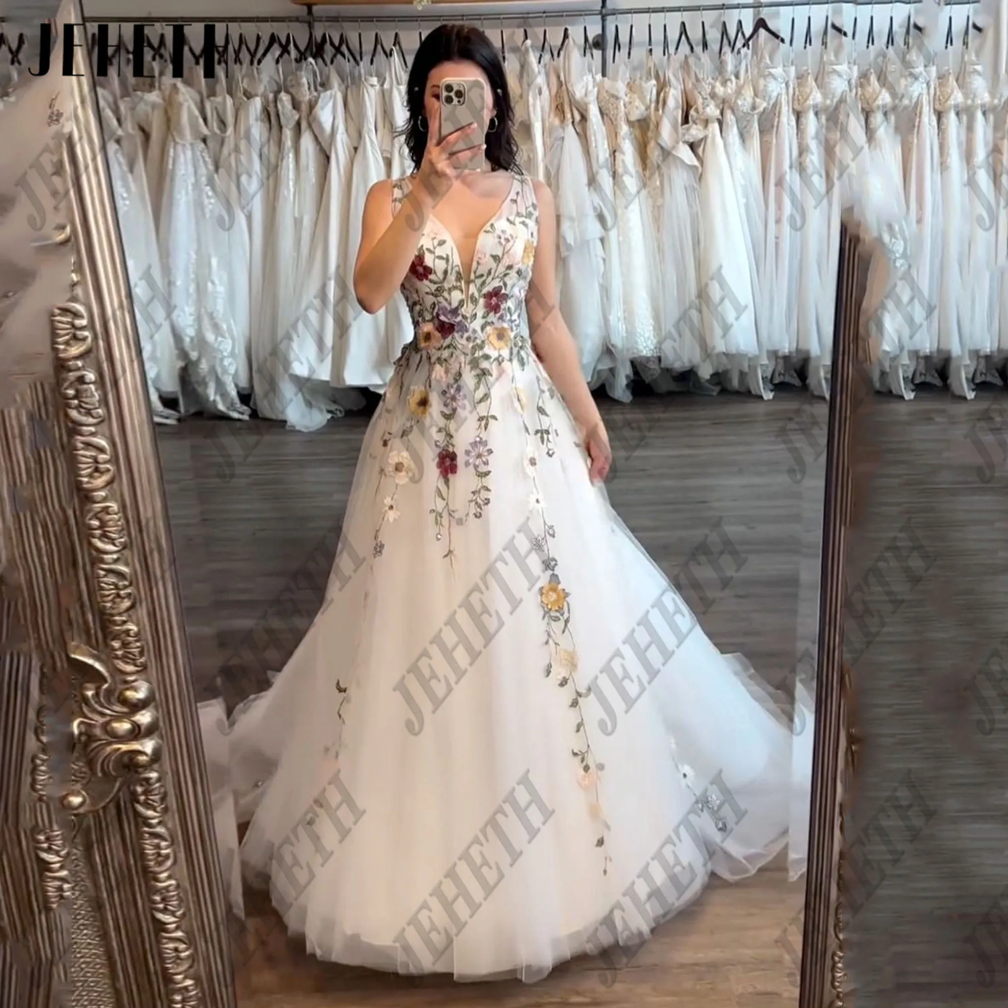 

JEHETH Embroidery Ivory Prom Dress 2025 A-Line Sleeveless 3D Flowers Tulle Evening Party Gowns Formal Occasion Dress Customized