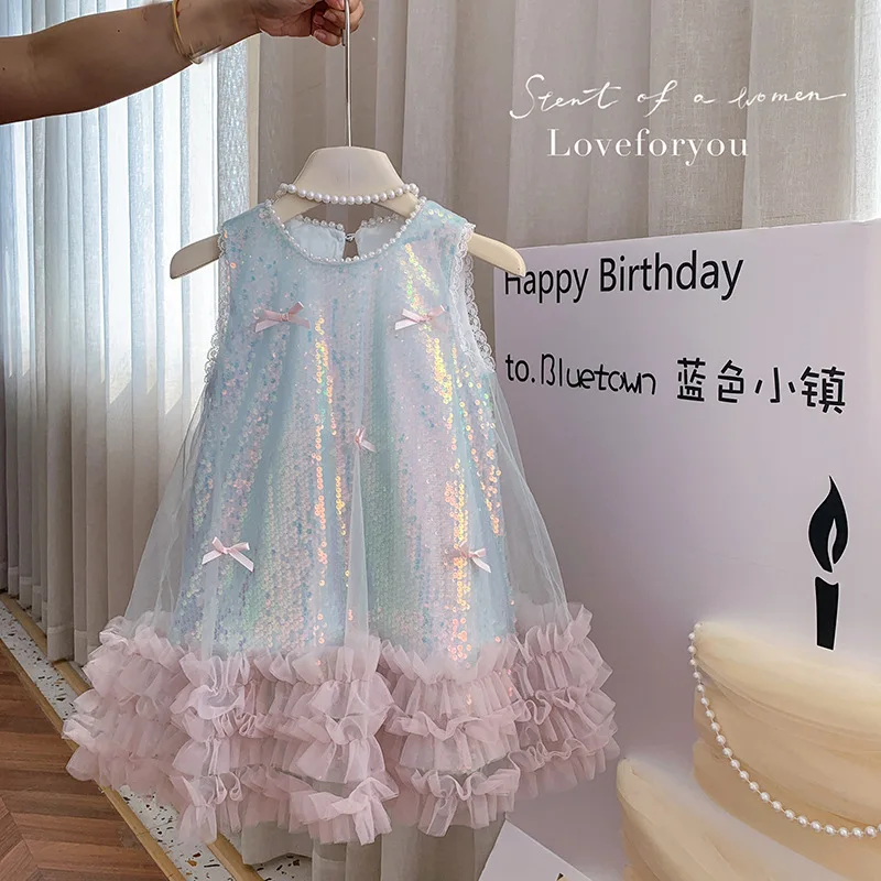 Meninas vestido de verão novas crianças borboleta lantejoulas colete vestido high-end princesa vestido da menina do bebê 2025 novas roupas infantis