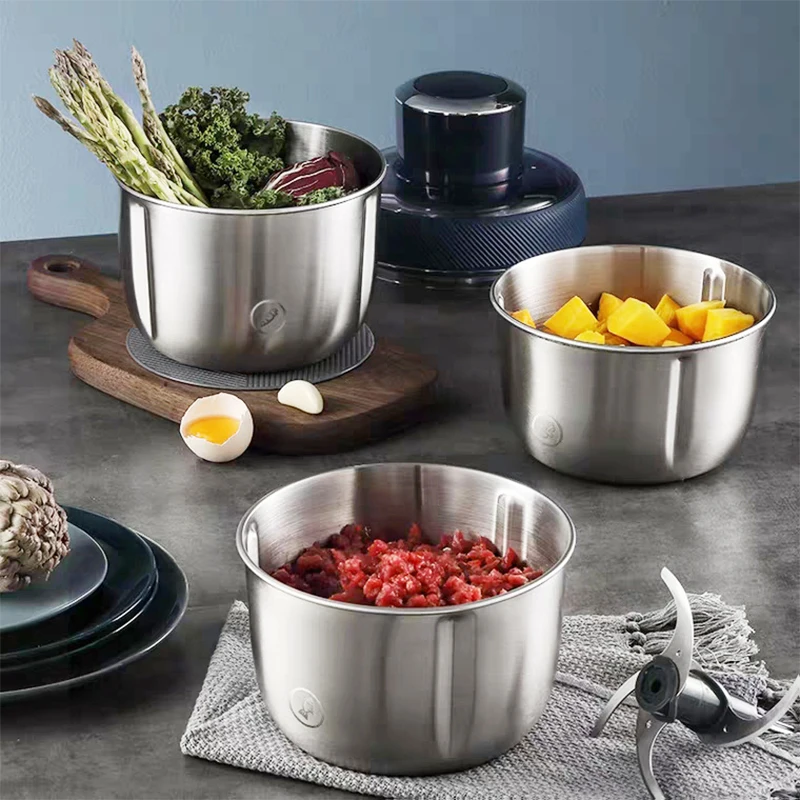 Picadora de carne eléctrica para el hogar, 3 cuencos de acero inoxidable, picadora de carne, verduras, frutas, licuadora, capacidad de 0,8-1.5L, MR-9401