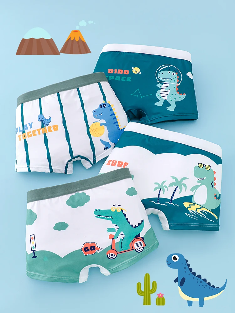 4pcs Knitted Dinosaur Print Boxer Shorts for Boys And Teenagers Comfortable Sports Underwear for All Seasons