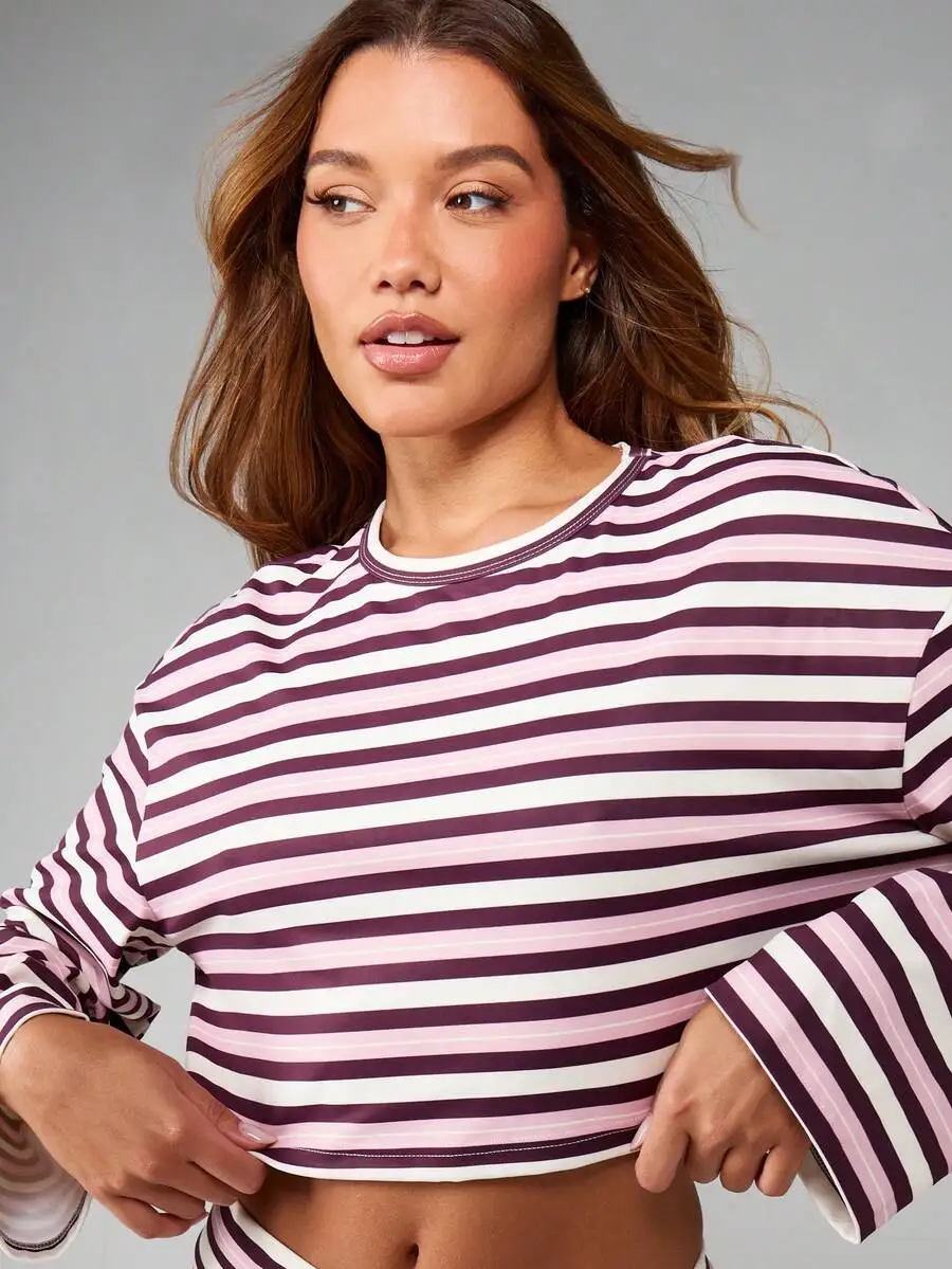 Horizontal Striped Cropped Long Sleeve Top And Mini Shorts Lounge Set For Women