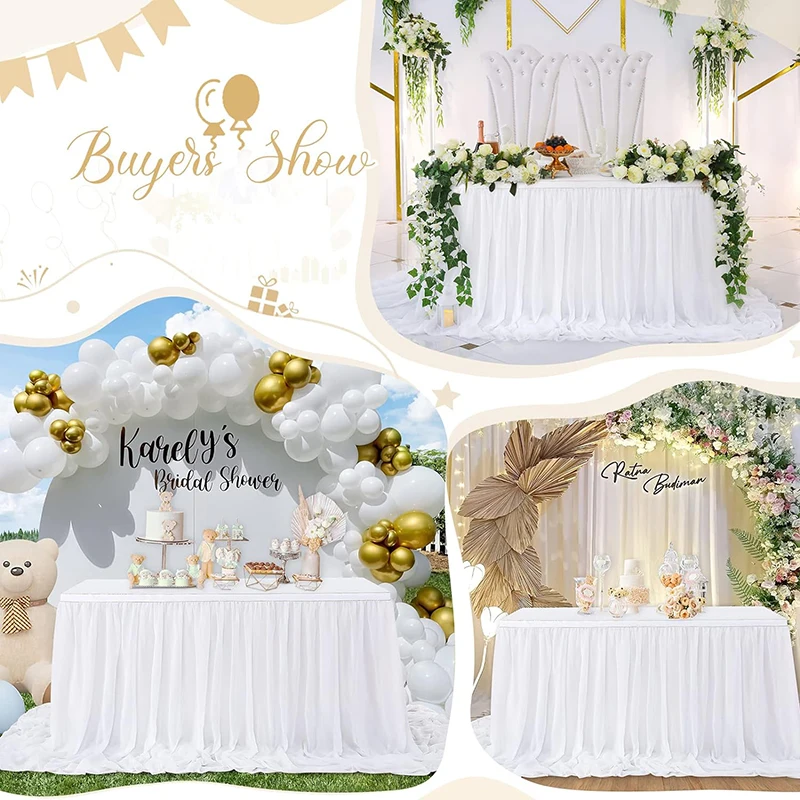 Witte Tafelrokken Chiffon Semi-Doorschijnende Tafelkleden Voor Achtertuin Bruiloften Verjaardagsfeestje Baby Shower Cake Eettafel Decoraties