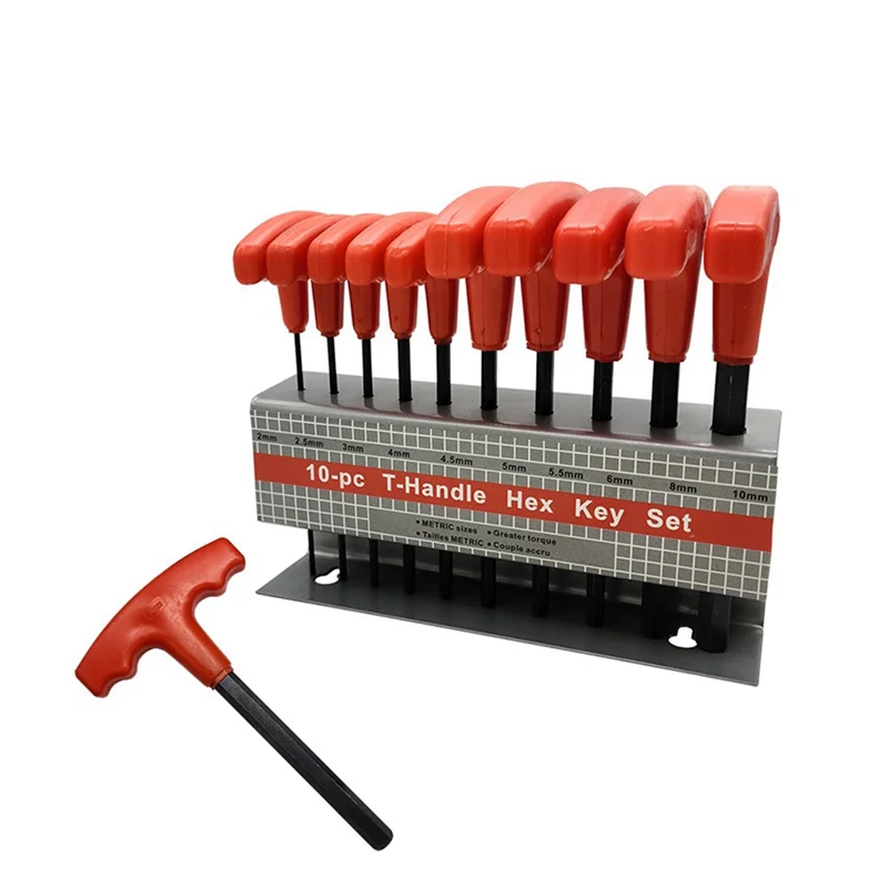 

A07F-10 Piece Allen Key Set With Flat Head T-Shaped Red Handle H2-H10 Wrench Blackened Iron Frame