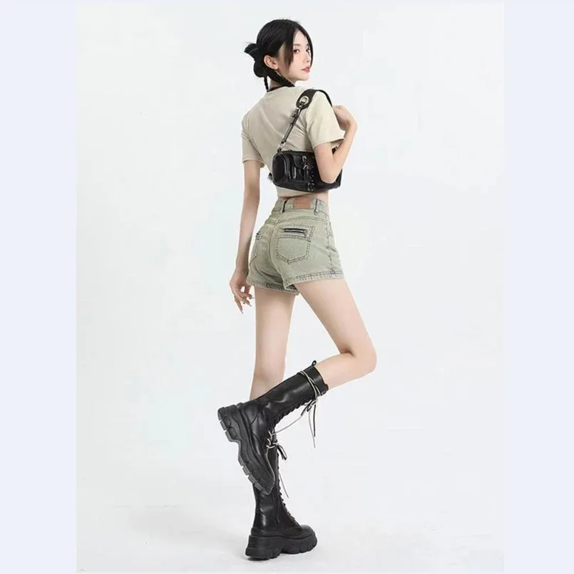 شورت دنيم صيفي للنساء ، خصر مرتفع ، جينز مطاطي ، موضة مثيرة على شكل سطر ، بنطال هيب هوب بساق واسعة ، ألوان عتيقة ،