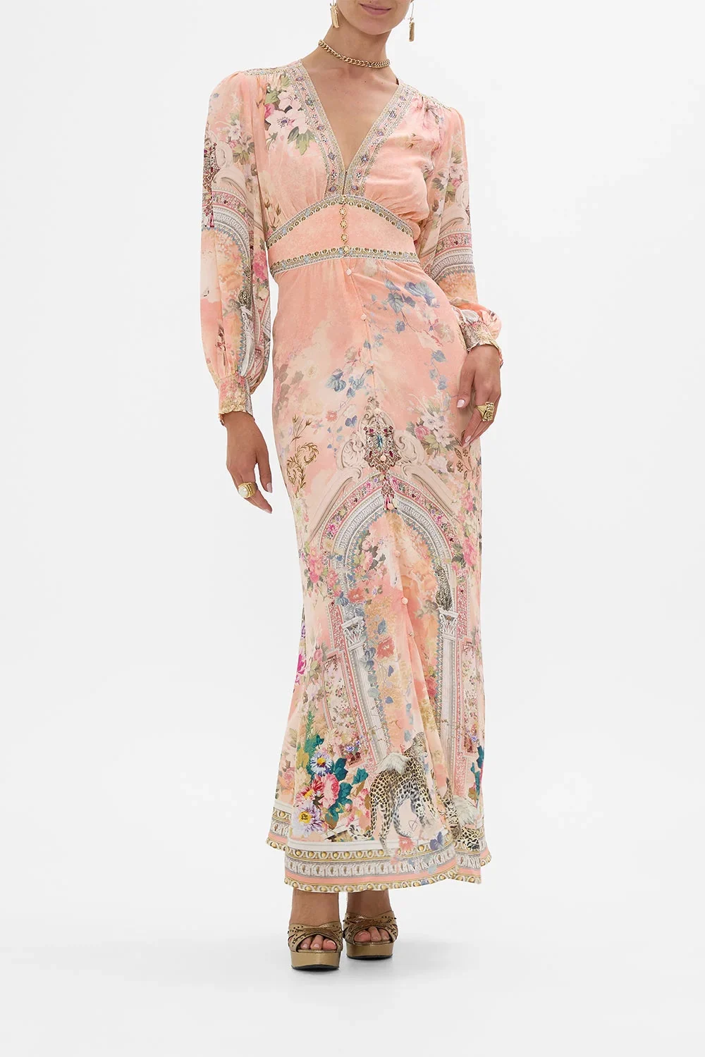 Women Flower Printed V-Neck Beaded Elastic Waist 100% Silk Maxi Dress