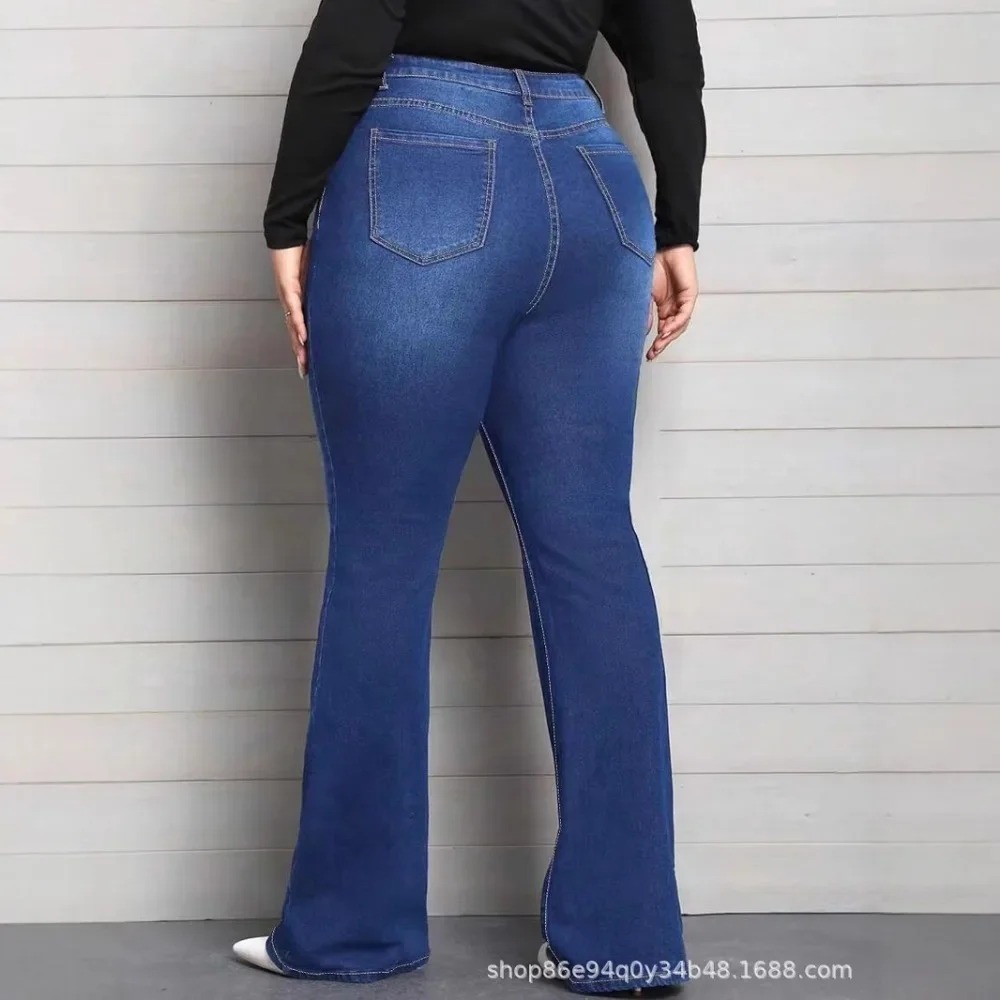 Blue Classic Fashion Flare Pants Comfort Micro Stretch Mid Waist Jeans Women Plus Size Trousers Casual Elastic Gym Sports Pant