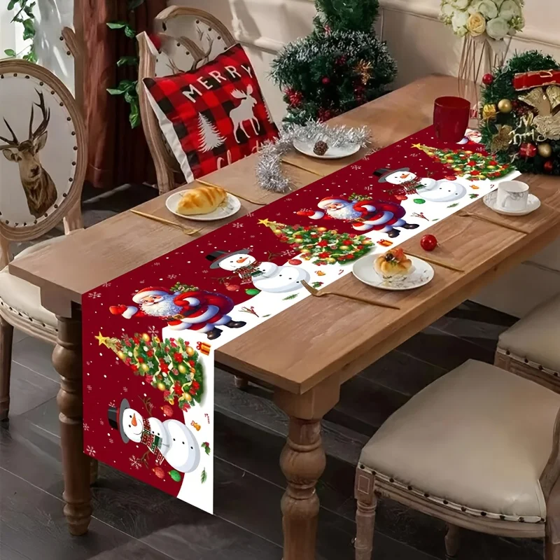 Retro Style Christmas Table Runner Nutcracker Figure Pine Tree Star Table Flag Holiday Party Dining Table Decor for Indoor Use