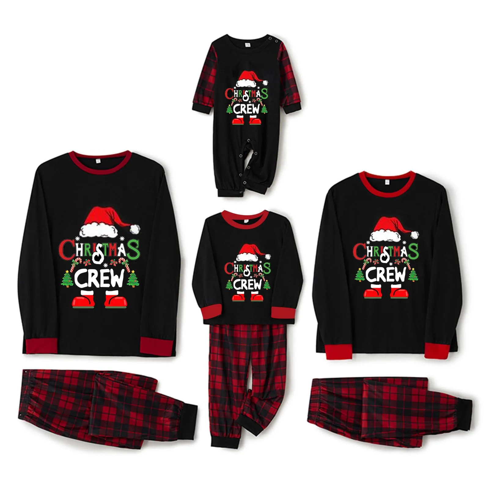 

2025 New black cartoon Christmas pajamas for family wear checkered pajamas set for babies, checkered jumpsuits pet clothing