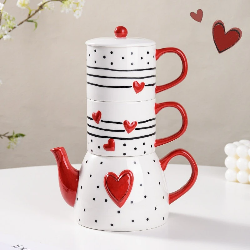 Ceramic Tea Set Portable Stackable Cup Outdoor Travel Cute Teapot Household Durable Heat Resistant Tea Infuser Gift for Women