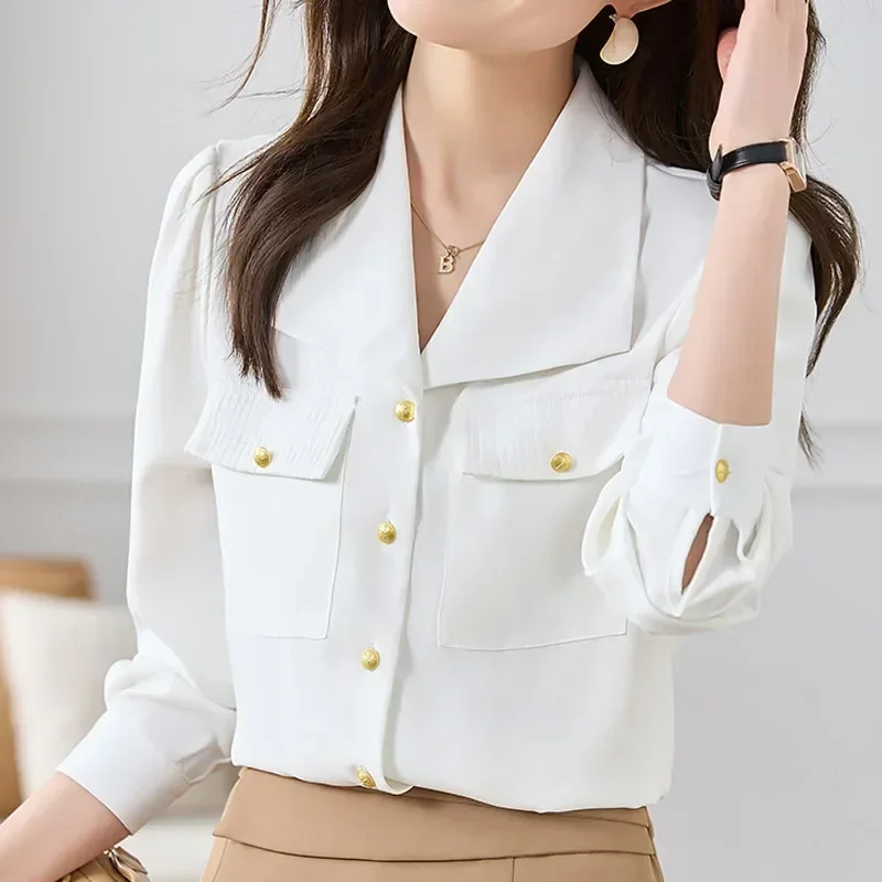 

Long Sleeve Women Simple Shirt with Pocket 2023 Fashion Elegant White V-Neck Blouse Autumn Office Lady Tops Blusas Clothes 29324