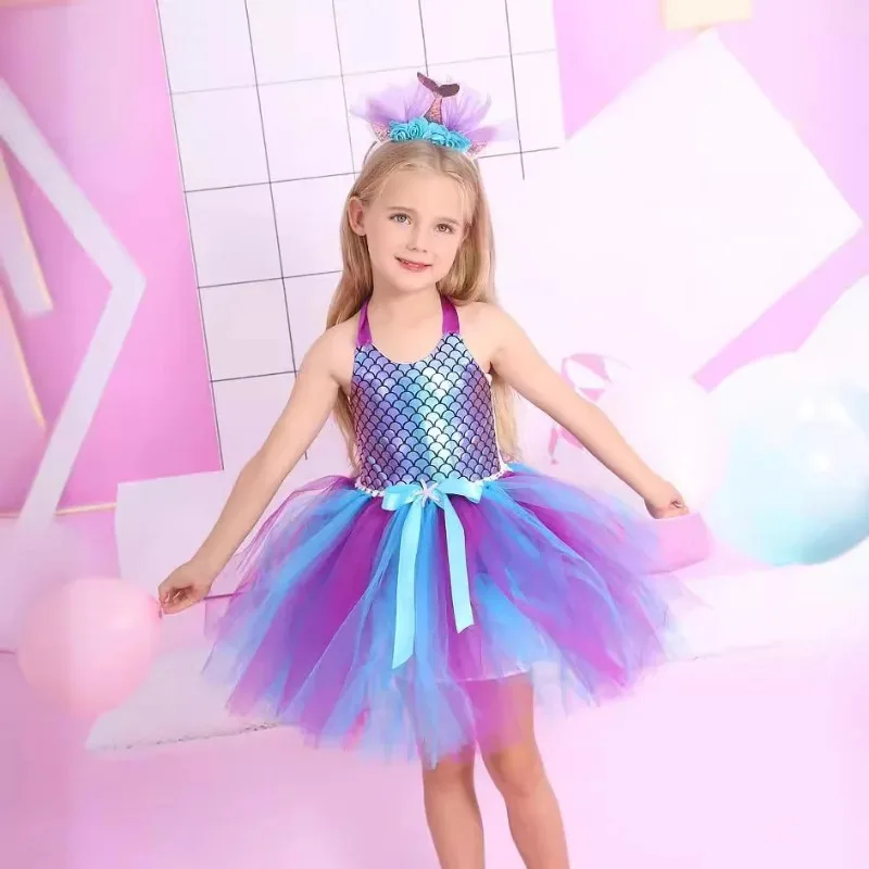 Little Mermaid Princess Dresses for Girls Kids Tutu Dress for Mermaid Birthday Party Costumes Halloween Clothes Set for Children