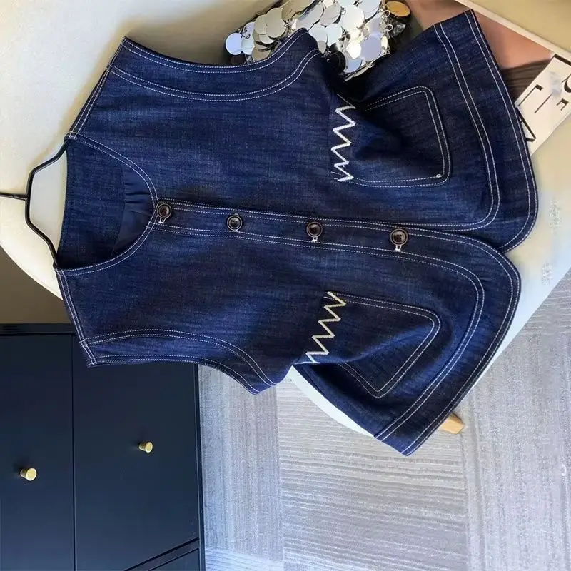 Fashion Denim Vest Coat Women Spring/summer 2026 New Open Line Retro Cowboy Sleeveless Jacket Short Waistcoat Outwear Ladies Top