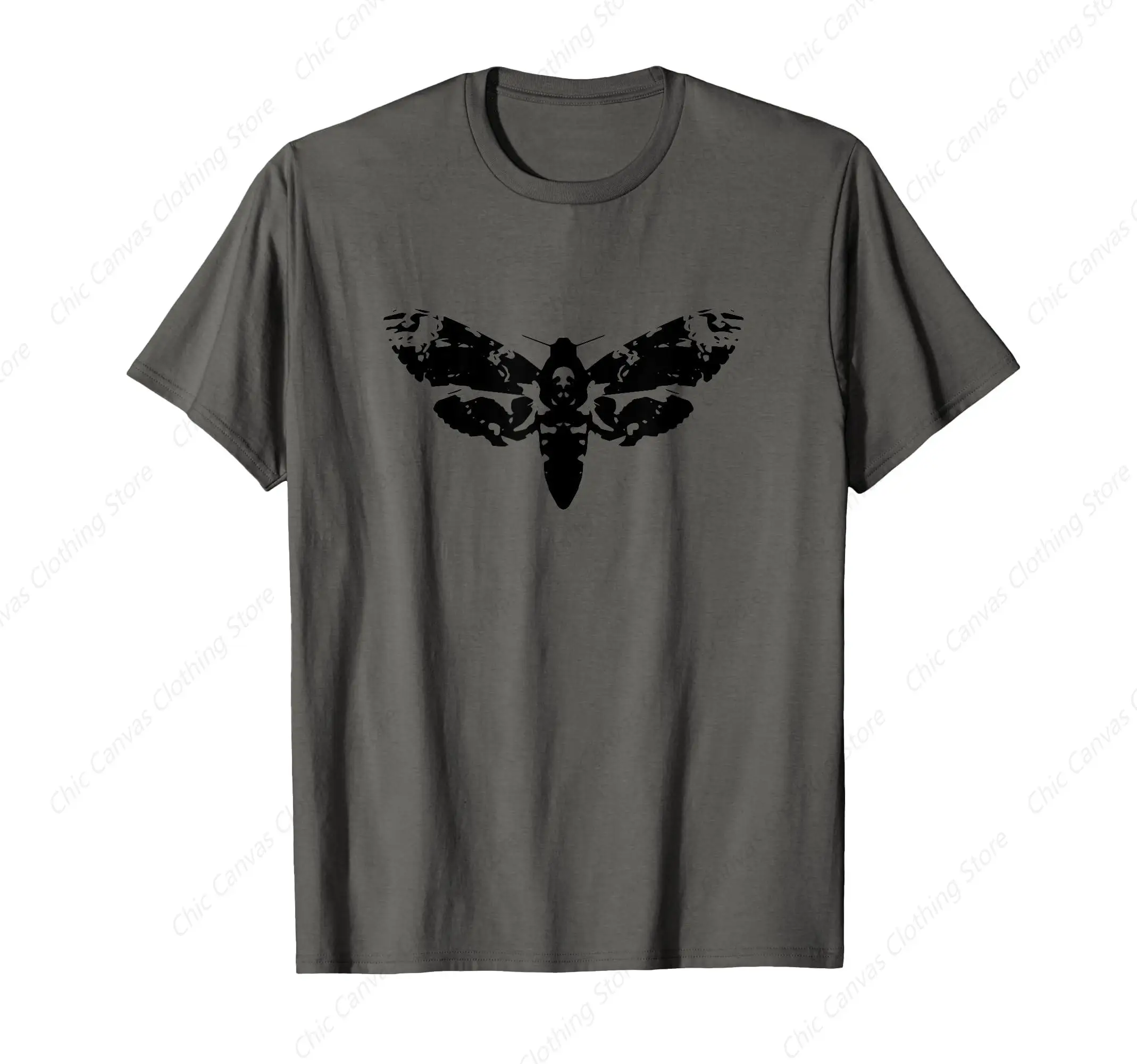 

Gothic Minimalist Death Head Moth Contour T-shirt with Insect Printed Pattern Grey Shirt Pure Cotton Casual T shirt