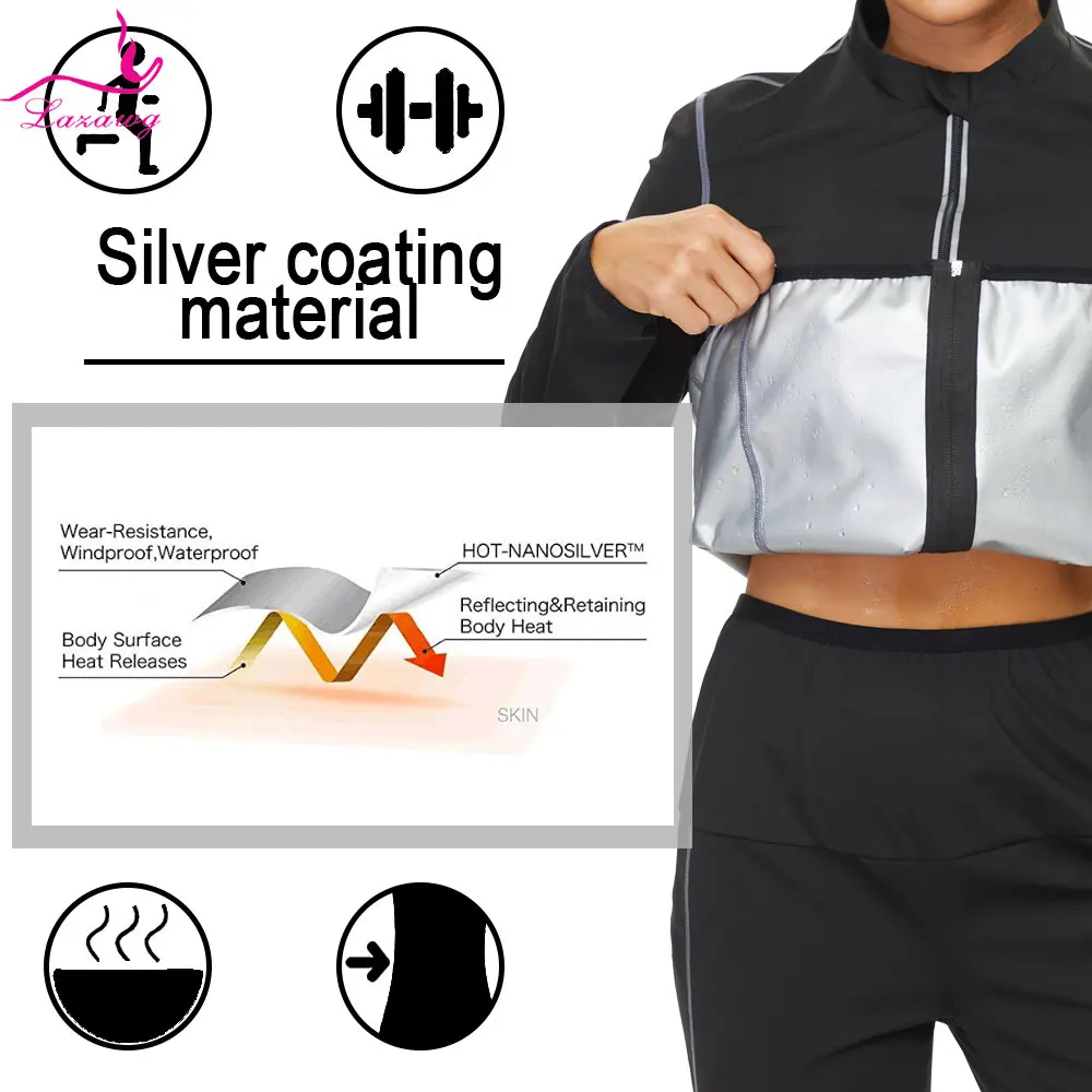 LAZAWG Sauna Jacket for Women Sweat Top Weight Loss Long Sleeves Thin Thermo Sportwear Fitness Ladies Body Shaper Gym Workout