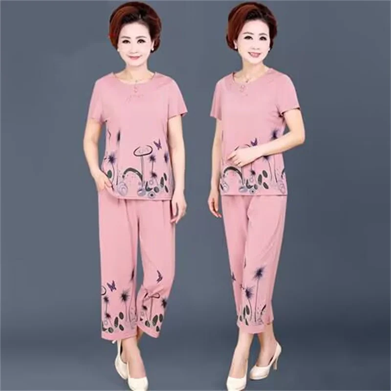 Women 2 Piece Set New Loose Print Short-sleeved T-shirt Tops + Pants Middle-aged Mother Summer Suit 4XL W850