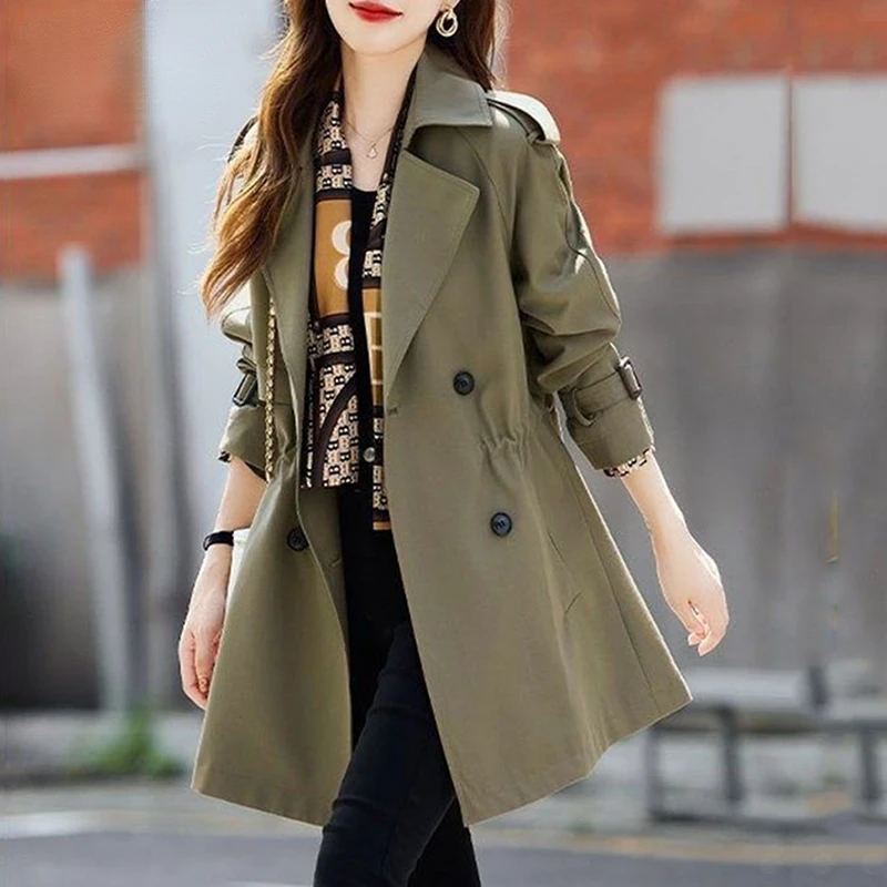 

Elegant Slim Trench Coat Women Mid Length Spring Fall Jacket Lined Plus Size Office Lady Windbreaker Long Sleeved Outwear N157