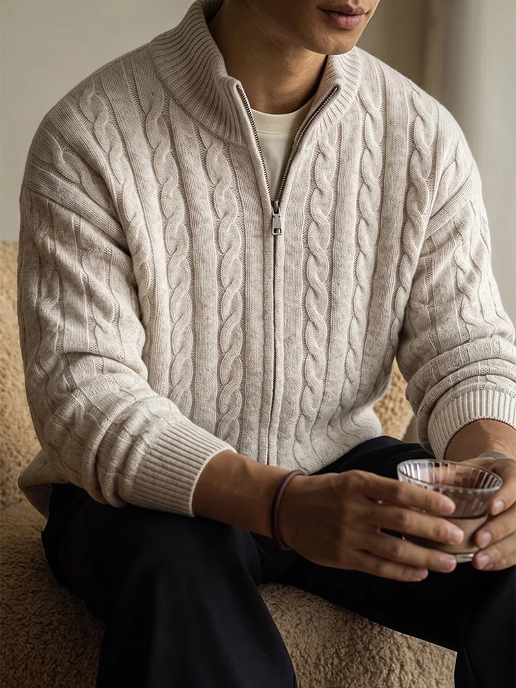 Herbst Herren Jacquard-Pullover Einfarbig Slim Fit Gemütlicher Pullover Lässige Mode Streetwear Warmer Strick-Cardigan mit Reißverschluss – Detail 3