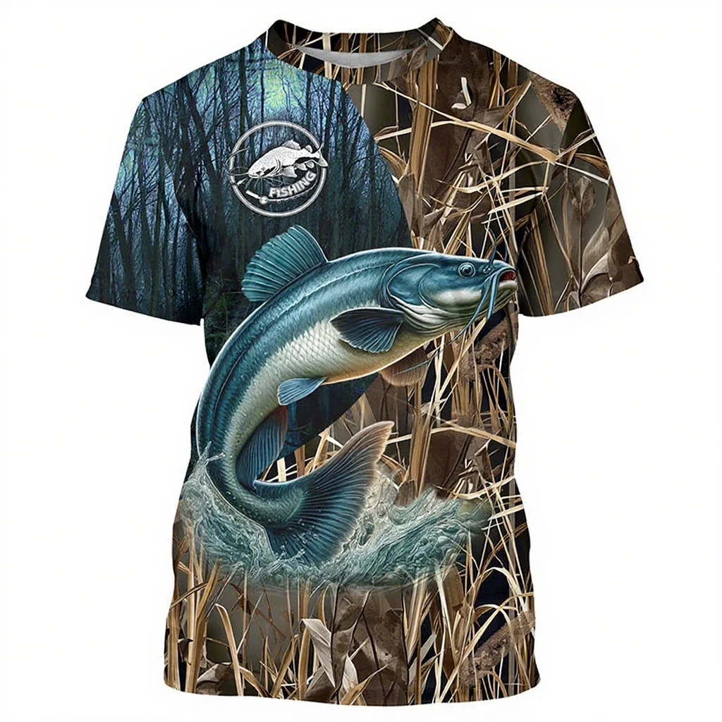 سمك السلور جثم الصيف قميص لصيد السمك بارد التجفيف السريع قصيرة الأكمام جولة الرقبة للجنسين الصيد البلوز قصيرة الأكمام تي شيرت فاش