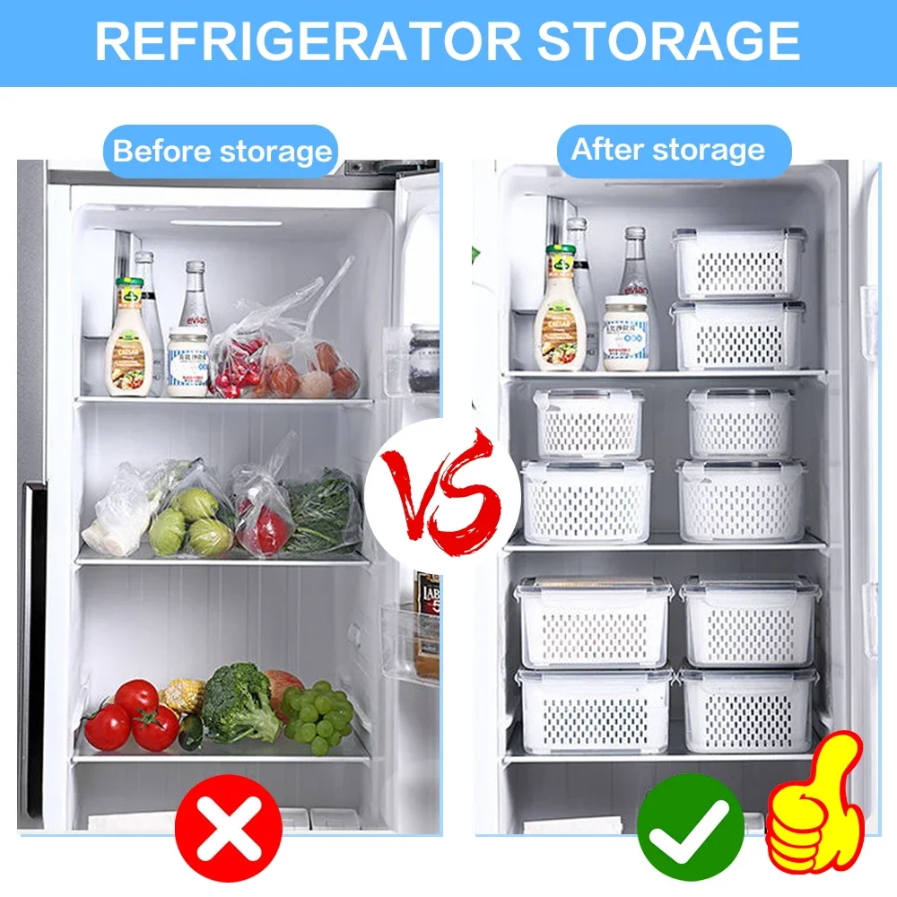 1pcRefrigerator Storage Box FreshVegetable Fruit Boxes Drain Basket Storage Containers Pantry Kitchen Organizer Fridge Organizer