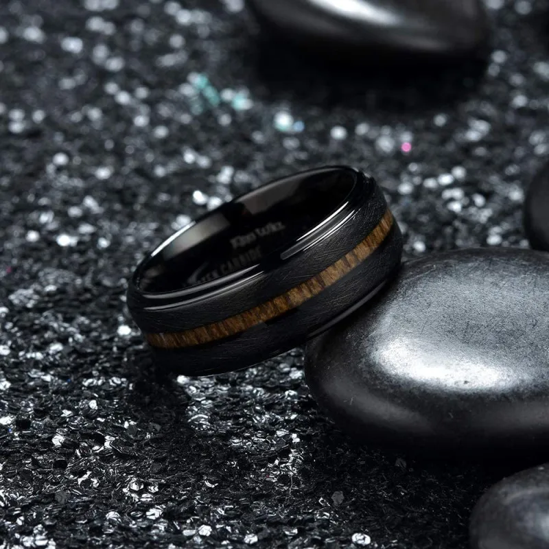 Stainless Steel Titanium Black Wood Grain Vintage Hip Hop Rings for Men Women Couple Friends Gift Fashion Jewelry Bague