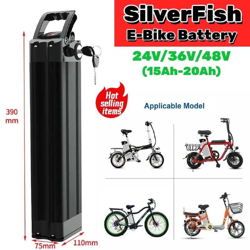 

NEW Silver Fish battery 48V/36V 15Ah-20Ah large capacity E-bike battery, using high-quality 18650 li-ion battery, with charger