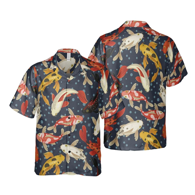 Koi Fish 3D Printed Shirts For Men Clothes Fancy Carp Animal Graphic Beach Shirt Hawaii Lucky Biology Short Sleeve Blouses Tops