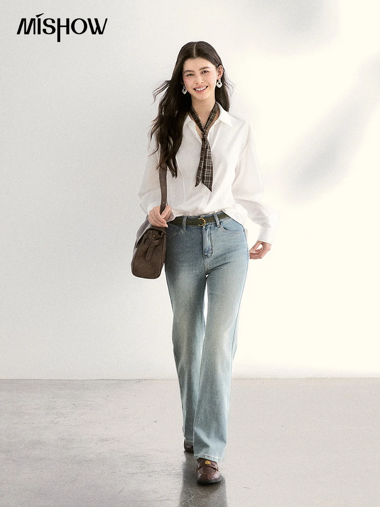 MISHOW Women's Casual Loose Shirt with Plaid Scarf 2026 Spring Lapel Tops Versatile Long Sleeve Shirts Office Lady MXF108C0815