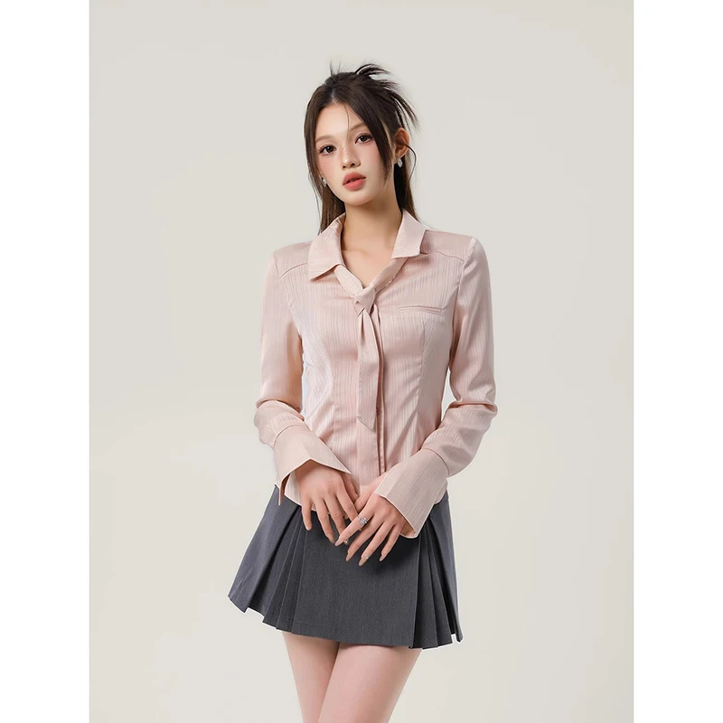 

Pink Loose Vintage Female Shirt Spring New Chic Lapel Simple Casual Tops Fashion Long Sleeve Women Blouses