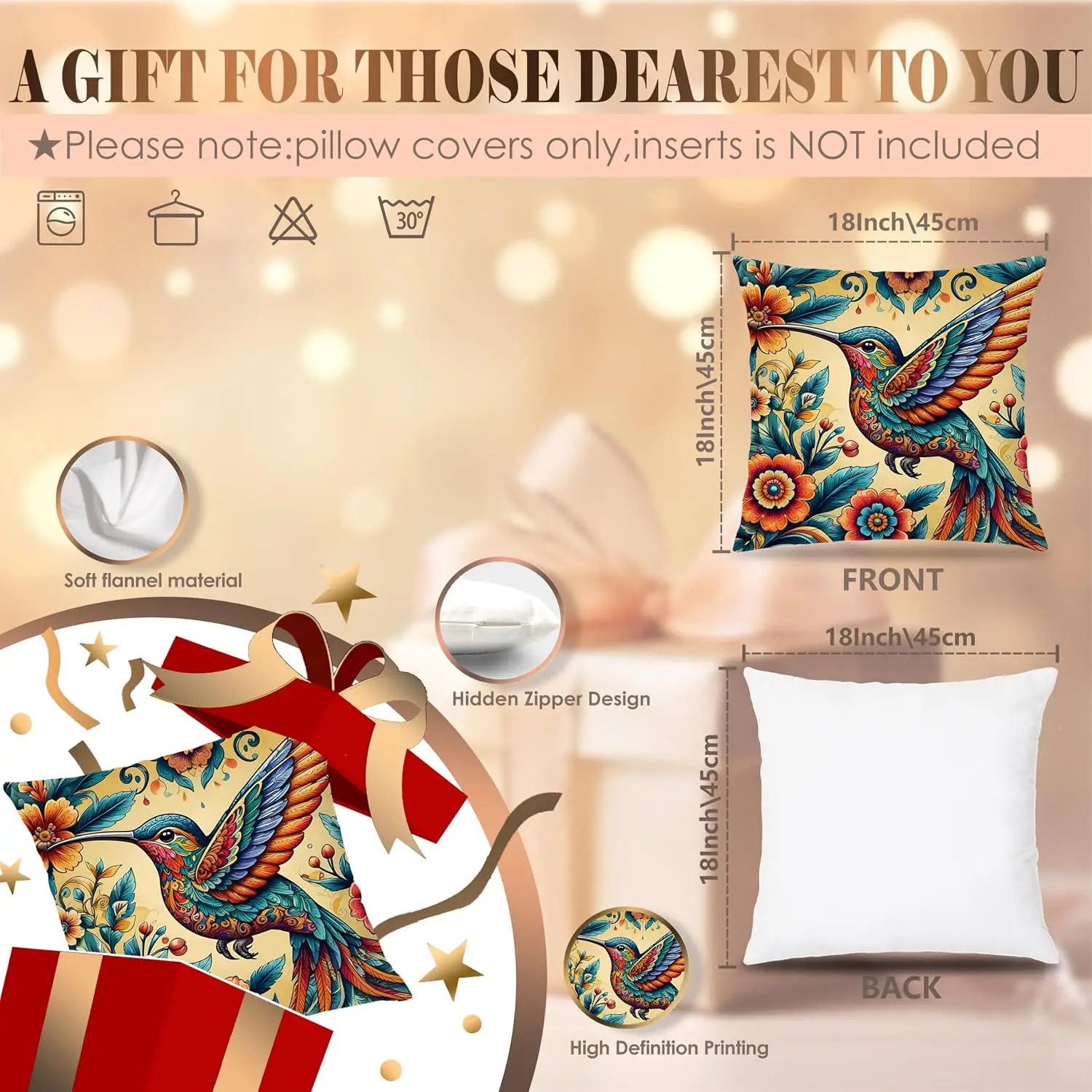 Gorgeous Hummingbird Pillow Covers 18x18, Bird Decor for Home, Colorful Fantastic Humming Bird Wildflower Decorative Throw