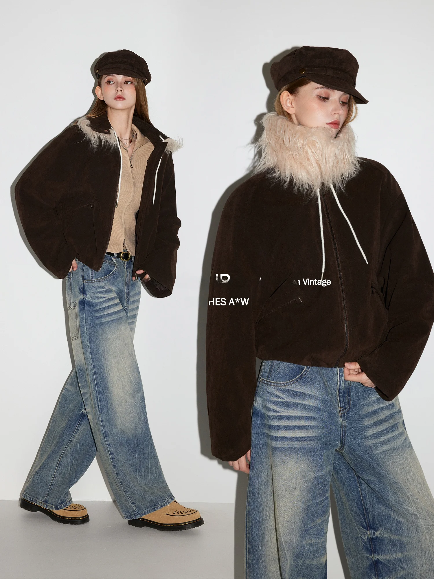 

MoodBerry American Retro Faux Fur Collar ort Cotton Jaet Women's Winter Warm Loose Lazy High-End Feel Outerwear