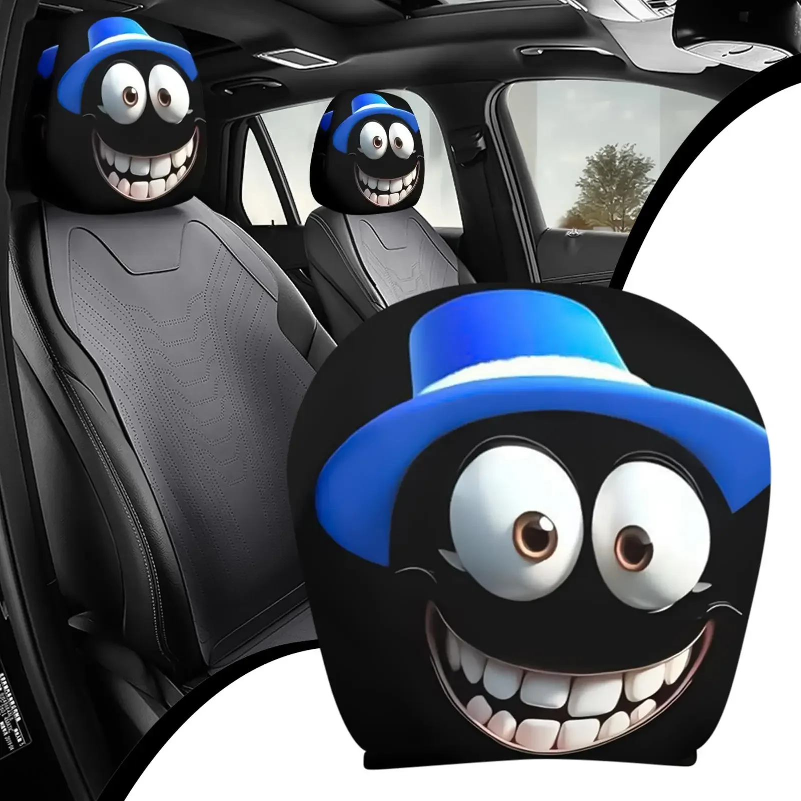 2PC Exaggerated Funny Car Headrest Covers Set, Cartoon Face Expression Auto Seat Protectors, Cool Novelty Car Decor Accessories