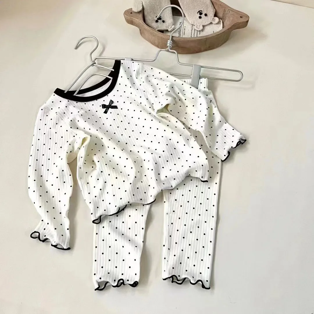 Mädchen Herbst Neuheit Koreanischer Stil Gepunktetes Schleifen-Loungewear-Set Frühling Herbst Baby Mädchen Pyjama Zweiteiliges Set – Detail 3
