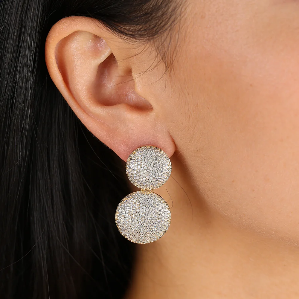 Fashionable and trendy women's micro paving ice crystal sparkling 5A cubic zirconia circular hanging earrings hip-hop jewelry