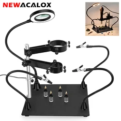 NEWACALOX-soldadura Flexible magnética, soporte para pistola de calor de tercera mano con lupa LED 3X para reparación de PCB, estación de retrabajo de ayuda