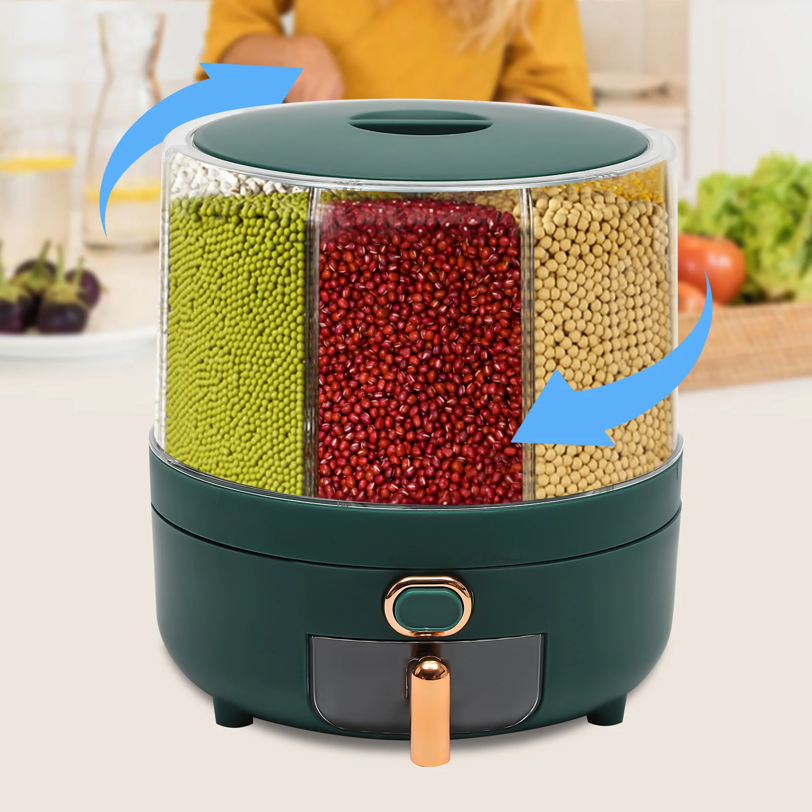 Grain Storage Container Tank 6-Grid Rice Dispenser Rotating with Lid Fit Kitchen