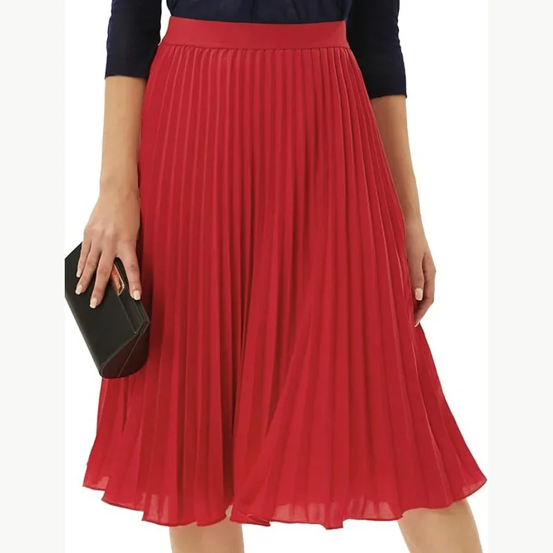 European American New Arrival Midi Length Pleated Skirt Elastic High Waist Slim Fit Flowy Womens Casual Skirts For Daily Wear