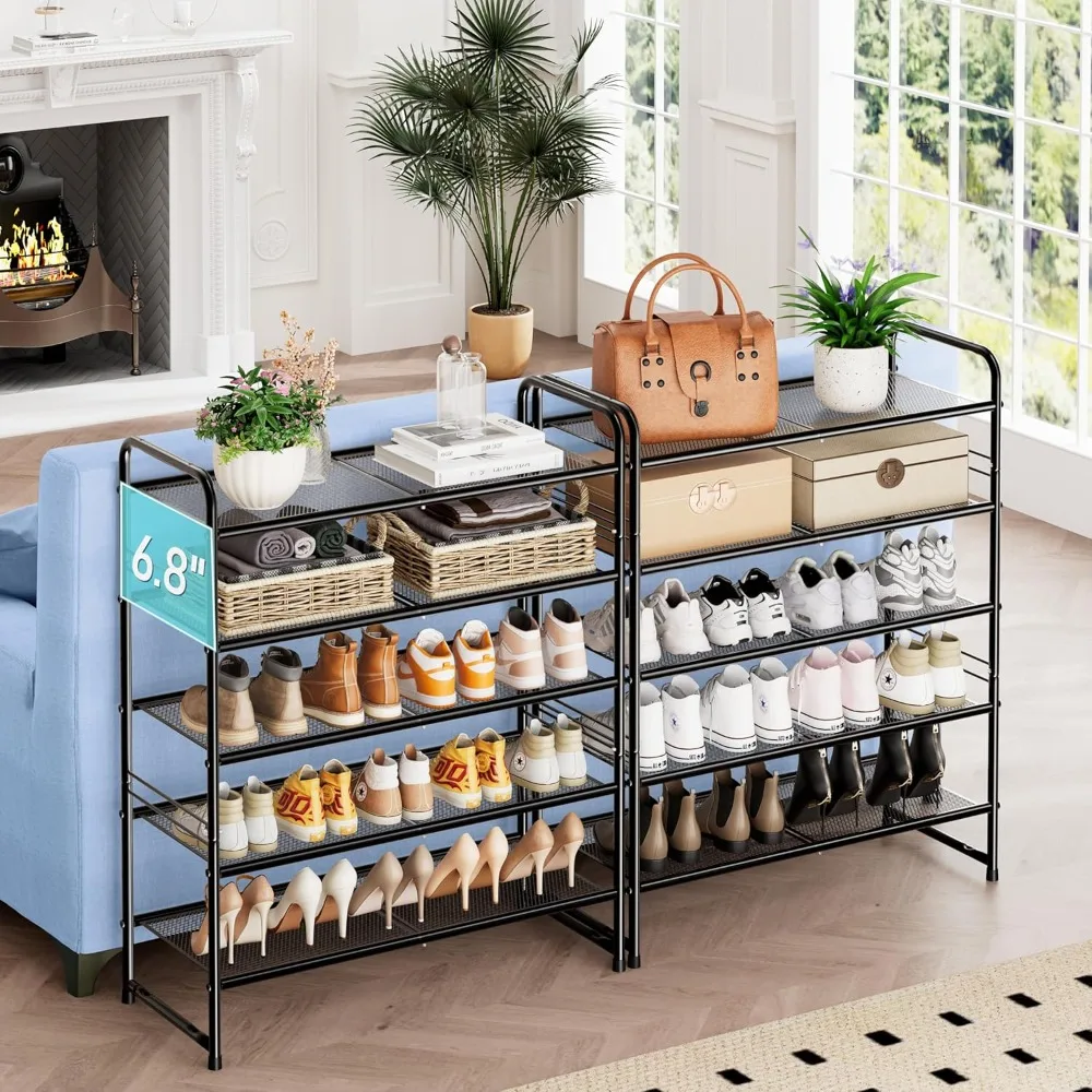 رف أحذية مكون من 5 طبقات، مساحة تخزين واسعة مقاس 33 بوصة لـ 24-30 زوجًا، منظم شبكي فولاذي لخزانة المدخل، أسود صناعي #5