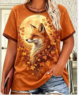 Women Autumn Moon T‑Shirt, Red Fox Maple Leaves Full Fall Nature Graphic Casual Short Sleeve Tee For Daily Outfit