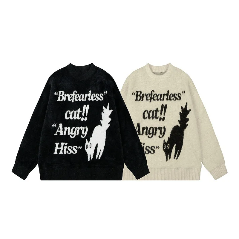 하이 스트리트 고양이 편지 자카드 스웨터 남자 가을 겨울 힙합 streetwear o-넥 니트 스웨터 여성 오버 사이즈 풀오버 탑