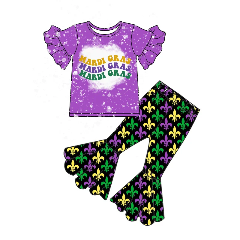 Mardi Gras Print Girls Short Sleeve Flared Pants Milk Silk Material Boutique Suit Retail and Wholesale