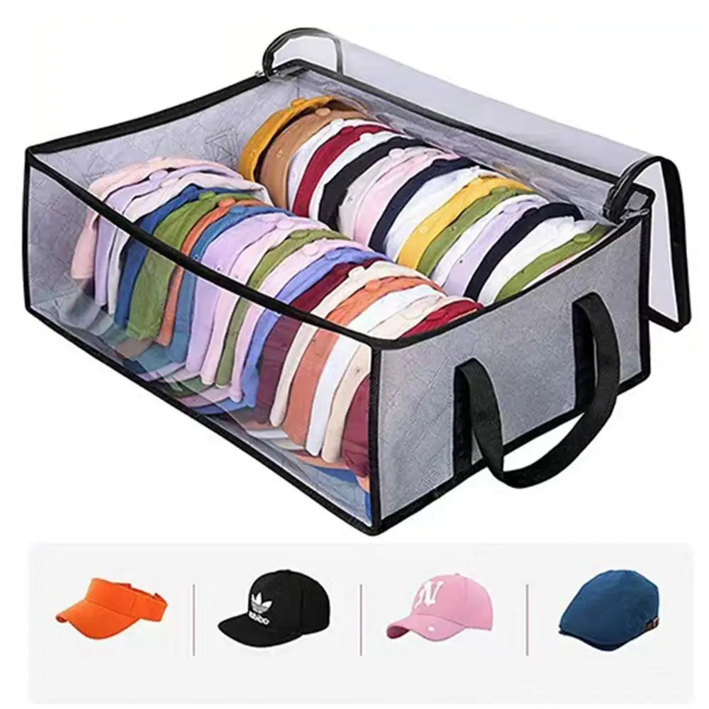 

Collapsible Baseball Cap Storage Box Large Capacity Space Saver Cap Storage Bag Dustproof Carry Handles Closet Organizer Case