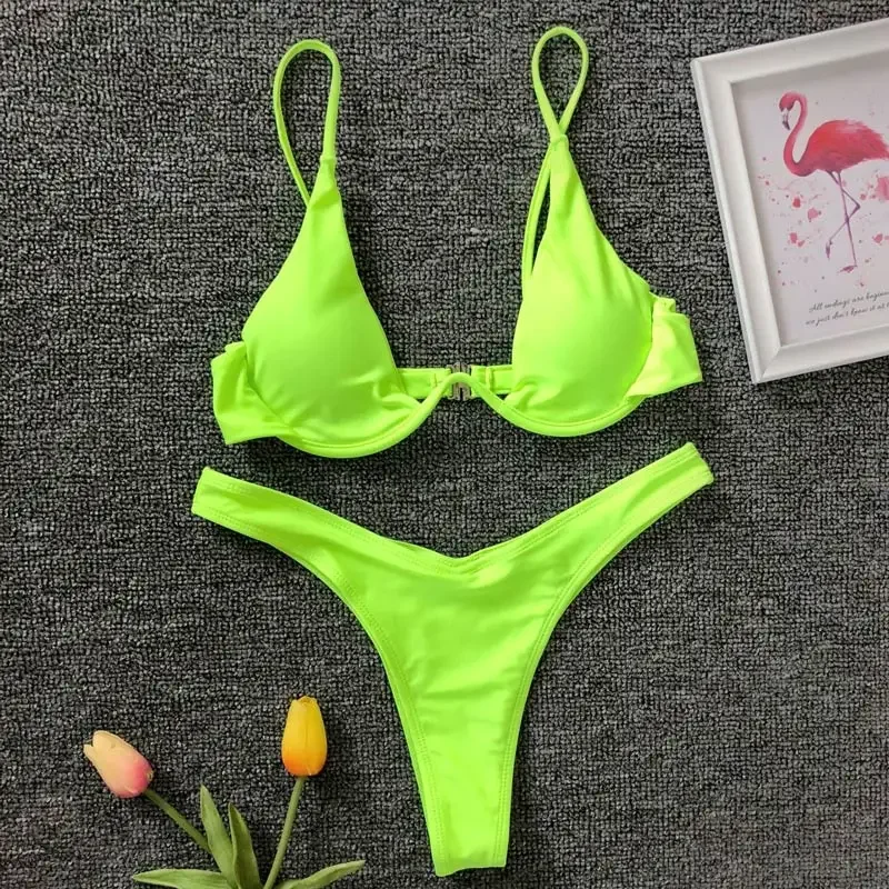 Neon zielony V-bar fiszbany Bikini 2024 damski strój kąpielowy kobiet stroje kąpielowe dwuczęściowe w kształcie litery V zestaw Bikini kąpiący się