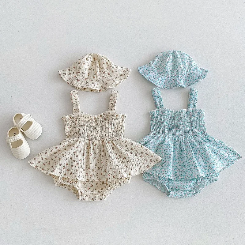 

Cute Baby Girl Romper 0-3Years Newborn Princess Sleeveless Strap Flower Dress Bodysuit Hat 2PCS Outfits Summer Sunsuit Clothes