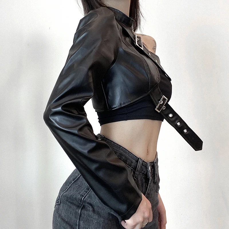 PU Leather Women Punk Style Crop Tops Cool Single Long Sleeve Neck Hanger Leather Belt Connected Tops Women Clothing