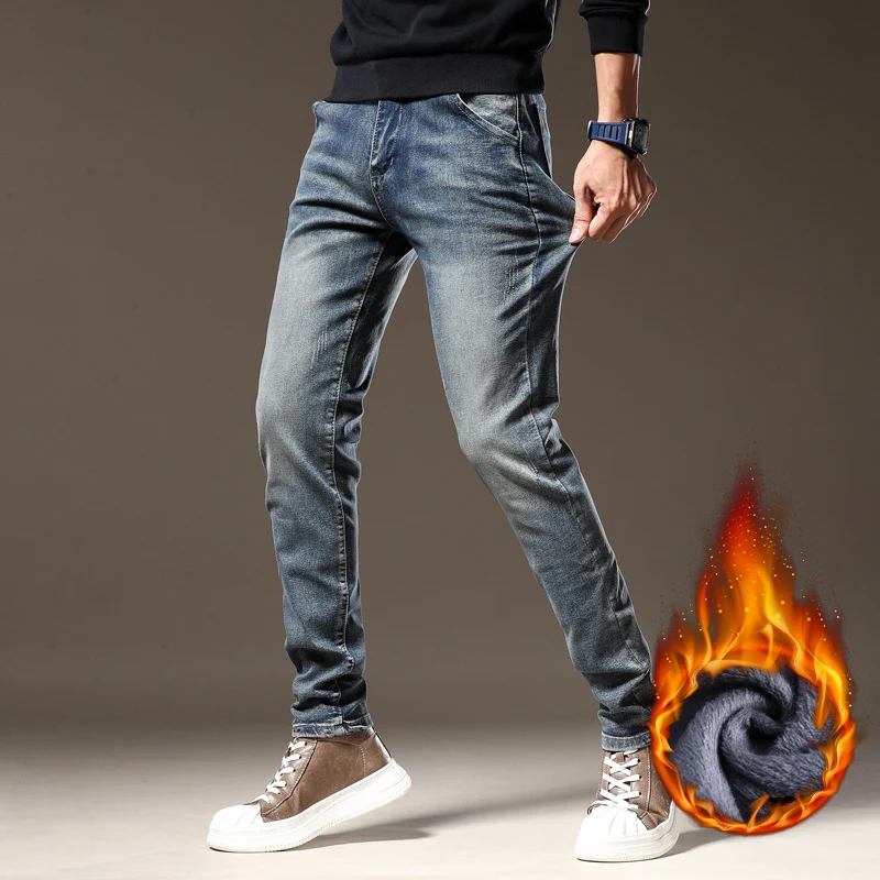 Fleece Jeans Men 2023 Winter New Vintage Elastic Slim Thick Warm Velvet Trousers Fashion Korean Male Plush Stretch Denim Pants